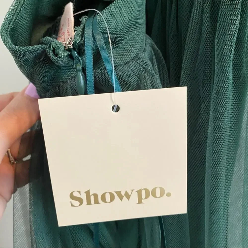 NWT Showpo Women's Like a‎ Vision Emerald Mesh High Slit Spaghetti Strap Gown 8 - Picture 9 of 11